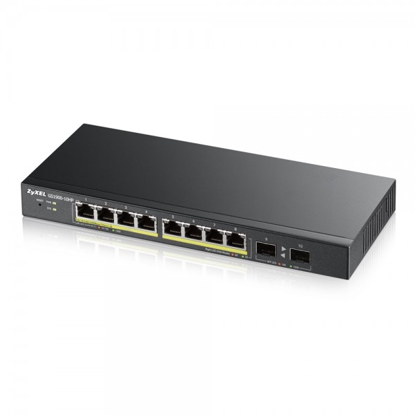 ZYXEL Switch 8x1000Mbps (8xPOE), Fémházas, Menedzselhető (8GbE port), GS1900-8HP-EU0103F